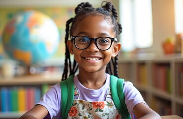 Young african american girl smiles wearing glasses in elementary school classroom with globe and books. She wears a backpack ready for learning and education.