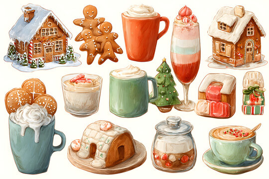 Christmas cooking set. Baked gingerbread cookies, house, hot winter holiday drinks, pudding, dessert, candy cane. Vector winter holiday food clip art, stickers, greeting card, party invitation, poster