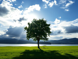 Lone Tree in Green Field Under Dramatic Sky single