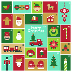 Bright Christmas Advent Calendar with Santa Gifts Train Trees Snowman Festive Flat Winter Icons