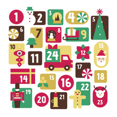 Colorful Retro Advent Calendar with Cute Christmas Icons Tree Santa Snowman Gifts Winter