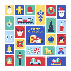 Modern Flat Advent Calendar with Cute Christmas Icons Santa Train Snowman Tree Toy Gifts Winter