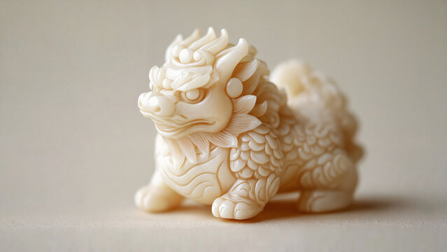 Netsuke dragon figurine made of ivory with intricate details on soft beige background, Japanese culture promotions, museum publications, educational materials, cultural branding 
