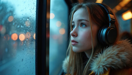 Young blonde girl with modern black headphones travels by public bus in autumn. Looks out window at rainy city street, lost in music. Teen finds calm, peaceful moment during urban transport journey,