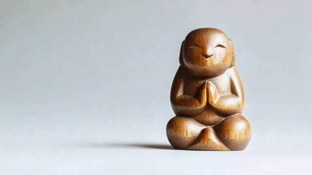 Antique netsuke figurine of a joyful figure in prayer pose on soft grey background, 
Japanese culture promotions, museum publications, educational materials, cultural branding 