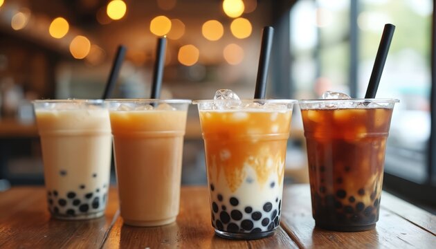 Four clear plastic cups hold bubble tea drinks with tapioca pearls. Drinks vary in color from light beige to dark brown, served with black straws, ice. Coffee shop ambience with blurred warm lights