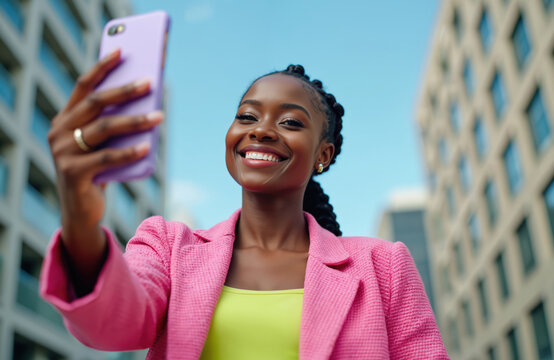 Happy african woman taking selfie on smartphone in city street. Stylish smiling black girl in pink jacket poses for social media photo. Female blogger with braids live streams video for followers