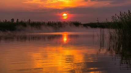 Fototapeta premium serene sunset over calm water with reflections and mist in the air, tranquil nature scene - AI Generated Digital Art
