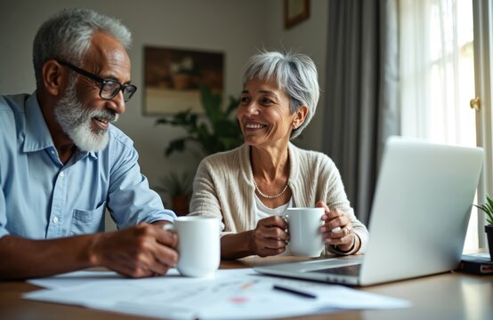 Senior adult couple sits at home table. Use laptop computer, look at important papers, discuss personal finance. Happy old man, woman drink coffee mugs. Manage household budget together, smile, enjoy