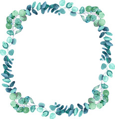 Watercolor eucalyptus square frame in green and blue shades. Elegant botanical border perfect for wedding invitations, greeting cards, natural branding, and minimalist floral design projects.