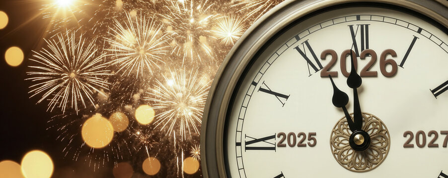 Vintage clock striking midnight between 2025 and 2026 with golden fireworks, representing the New Year and Christmas celebration countdown.