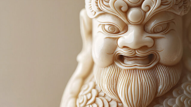 Netsuke figurine with detailed facial features and fierce expression,  art catalogs, auction visuals, Japanese culture promotions, museum publications, educational materials, cultural branding 