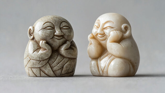 Two stone netsuke figurines with playful expressions on soft grey background, art catalogs, auction visuals, Japanese culture promotions, museum publications, educational materials, cultural branding 