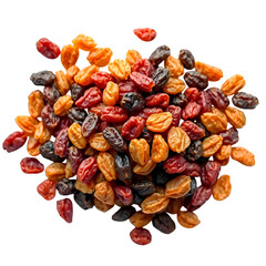 Photo of pile of dark brown and golden brown wrinkled raisins isolated on transpatent background