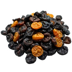 Photo of pile of dark brown and golden brown wrinkled raisins isolated on transpatent background
