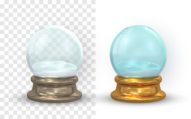 Snow Globe Winter Decoration With Clear Glass And Metallic Base In Two Variations On Transparent Background For Holiday Designs And Seasonal Graphics, Vector Illustration.