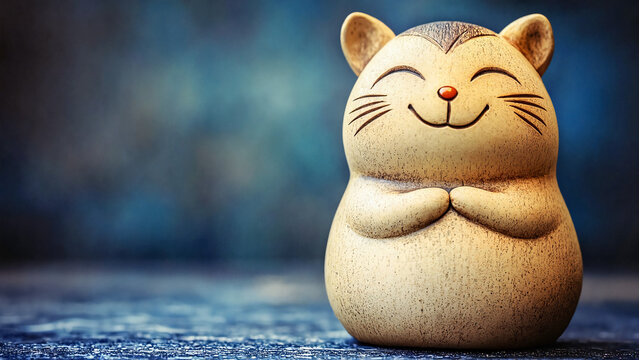 Wooden netsuke figurine of a smiling cat with closed eyes, art catalogs, auction visuals, Japanese culture promotions, museum publications, educational materials, cultural branding 