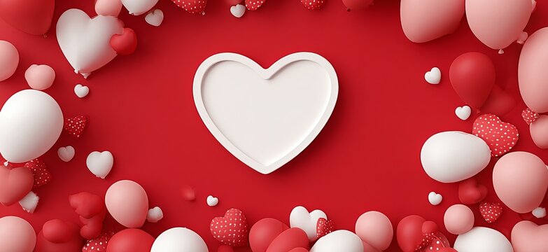 Red background with white heart frame and pink white balloons