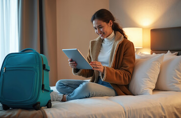 Young woman on hotel bed uses tablet computer. Turquoise suitcase sits nearby. She smiles while browsing online content during her vacation trip. Modern tech meets travel leisure.