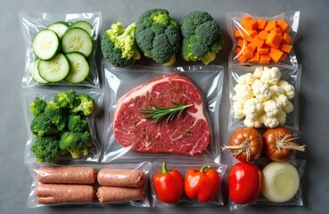 Assorted fresh food items like steak, sausages, broccoli, cucumbers, bell peppers, and pumpkins are neatly packaged in vacuum seal bags on a table, ready for meal prep and healthy eating.