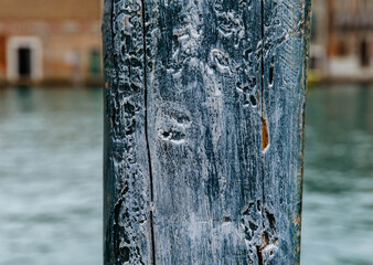 Weathered dock post in focused close-up by water