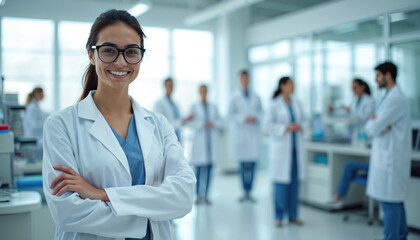 Young female scientist with glasses smiles confidently. Stands in modern research laboratory with arms crossed. Diverse team of medical professionals works in background. Science, health, innovation