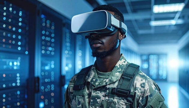 Soldier wearing virtual reality headset in data center representing defense innovation, cyber training, AI simulation, and advanced military technology concept - Powered by Adobe