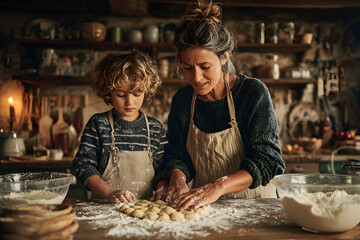 Caucasian mother and son baking cookies in kitchen together