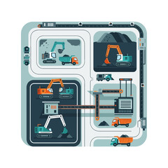 Illustration of a mining operation, showing excavators, trucks, and processing equipment in a schematic layout.