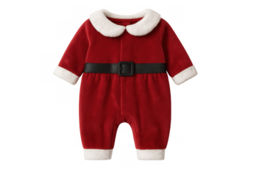 Baby christmas santa claus romper costume with black belt and white fur trim on a transparent background