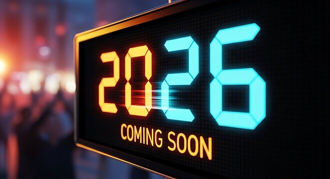2026 Coming Soon Message on Illuminated Digital LED Display Board with Motion Blur Effect