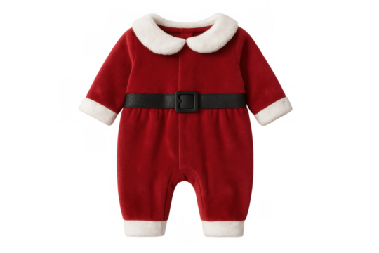 Baby christmas santa claus romper costume with black belt and white fur trim on a transparent background