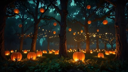 A magical forest where pumpkin balloons grow on trees like fruit, glowing orange and green in the twilight.