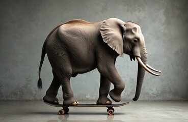 Grey elephant on skateboard in studio. Large wild animal rides on skateboard with wheels. Elephant trunk is down. Big ears are visible. Skateboard is on grey floor.