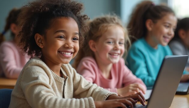 Diverse young girls in classroom actively learn coding on laptops. Children engage in digital skills education together, smiling and focused during interactive tech lesson.