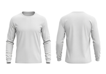 Blank white long sleeve t-shirt mockup with front and back views, isolated on a white background for apparel design and branding