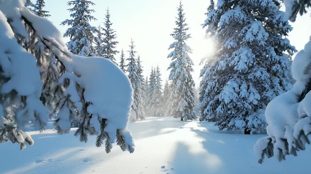 Snowboarder glides down winding snowy path surrounded by towering trees heavy with fresh snow, capturing the serene tranquility of a winter morning perfect for relaxation or outdoor adventure.
