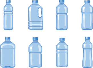 Set of transparent plastic water bottles with various shapes and caps isolated on white background for packaging, branding, and product design