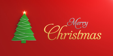 Merry Christmas greeting with green tree and glowing star on red background
