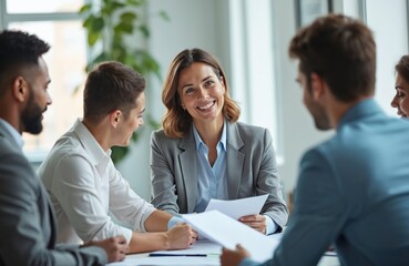Diverse business team meets in modern office. Smiling female leader leads group discussion with documents. Colleagues collaborate, brainstorm ideas for project. Corporate professionals work together