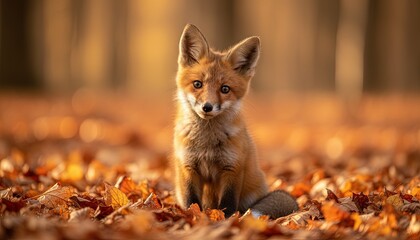 Naklejka premium A cute fox cub sitting among fallen autumn leaves in a forest, looking directly at the camera with bright eyes.