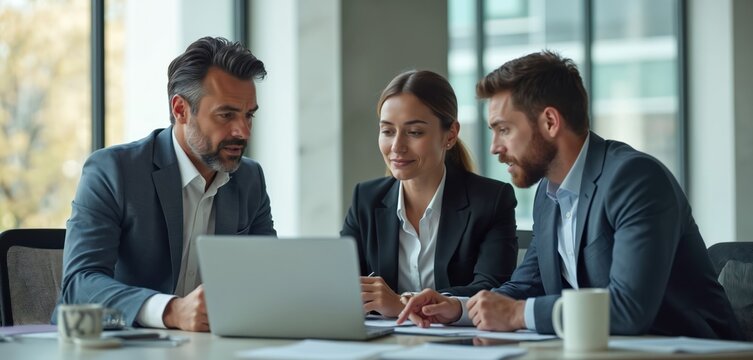 Three business people meet in modern office. Look at laptop, discuss project strategy, new plans. Two men, one woman collaborate on business ideas, sharing insights, working together for company - Powered by Adobe