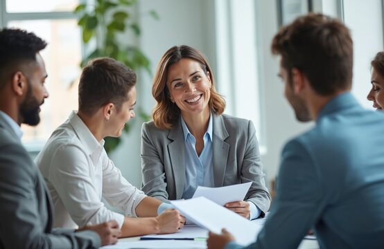 Diverse business team meets in modern office. Smiling female leader leads group discussion with documents. Colleagues collaborate, brainstorm ideas for project. Corporate professionals work together