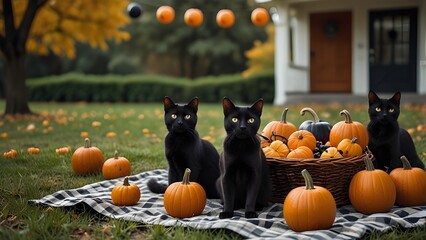 Cute black cats and skeleton kids having a Halloween picnic with pumpkin balloons tied to their chairs and candy scattered around.
