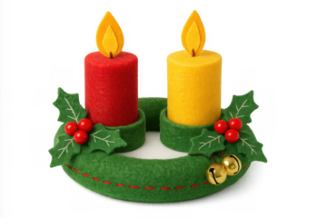 Felt advent wreath with two handmade candles, holly, berries, jingle bells, celebrating christmas holiday season