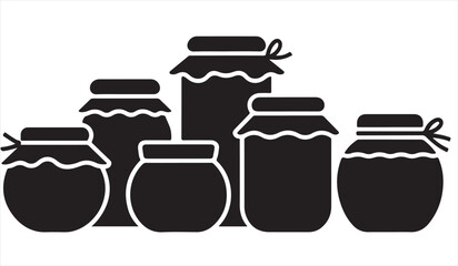 Vector silhouette of jam and honey jars with lids and ribbons