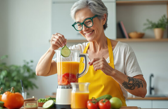 Smiling silver-haired Asian woman prepares healthy fresh smoothie in modern home kitchen. Adds cucumber slice to blender with colorful vegetables, fruit for breakfast drink. Woman enjoys making - Powered by Adobe