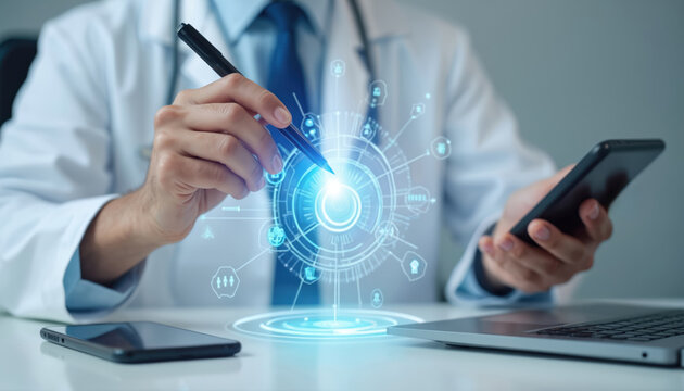 Doctor uses smartphone and stylus to interact with futuristic medical interface. Digital health data visualized. Healthcare tech innovation for better patient outcomes. Future of medicine.