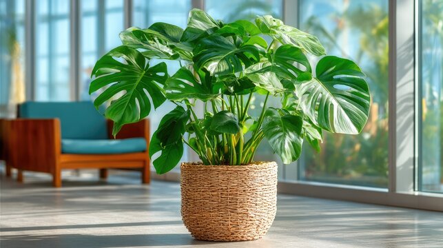 Green monstera plant in woven basket near bright window in modern room