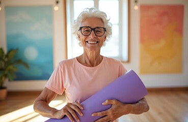Joyful senior woman smiles, holds purple yoga mat in bright modern studio. Healthy old lady ready for fitness workout, pilates class. Mature female enjoys wellbeing, active lifestyle, mental health,